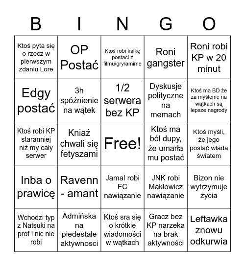 Bingo serwerów Bizona Bingo Card