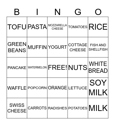 Nutrition Bingo Card