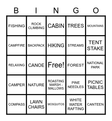 CAMPING...Remember to contact the BINGO BASE as soon as you BINGO either VERTICALLY, HORIZONTALLY or DIAGONALLY!!! GOOD LUCK!!!! Bingo Card