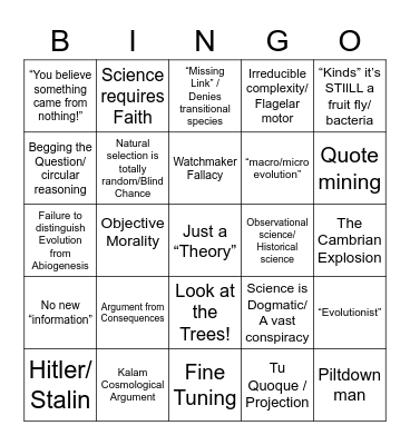 Creationist Bingo Card