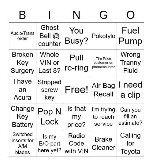 Parts Dept Bingo! Bingo Card