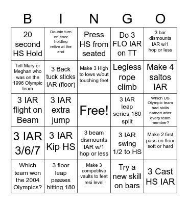 Gymnastics BINGO Card