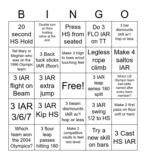 Gymnastics BINGO Card