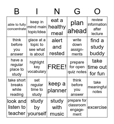 Study Skills: "You..." Bingo Card