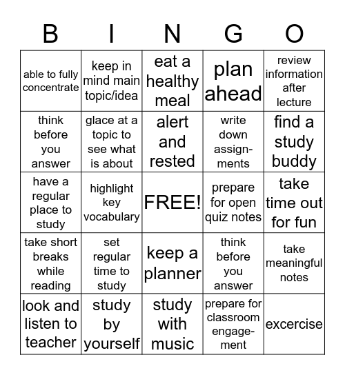 Study Skills: "You..." Bingo Card