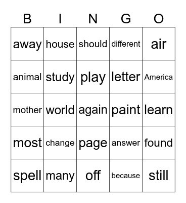 Sight Words Bingo Card