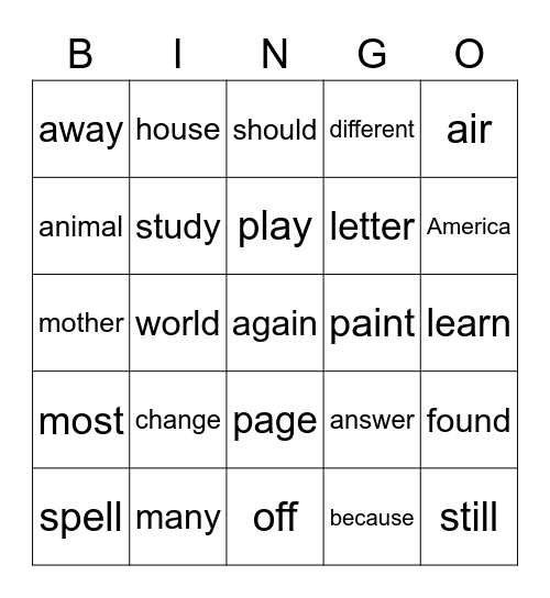 Sight Words Bingo Card