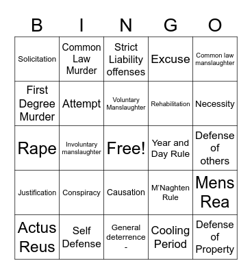 Criminal Law Bingo Card