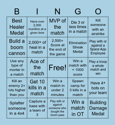 Boom Beach Frontlines Bingo Card