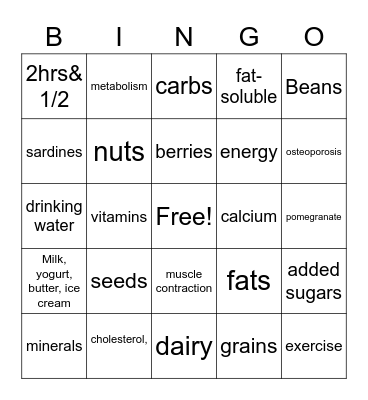 Nutrition BINGO Card