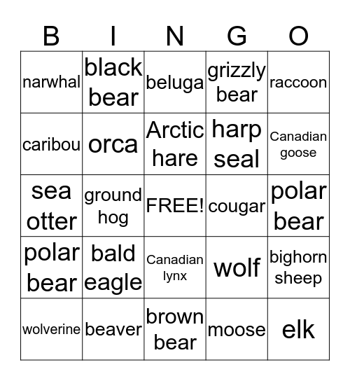 Canadian Wildlife Bingo Card