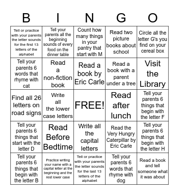 Kindergarten Summer Reading BINGO! Bingo Card