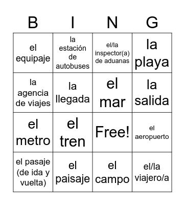 Los viajes y las vacaciones Bingo Card