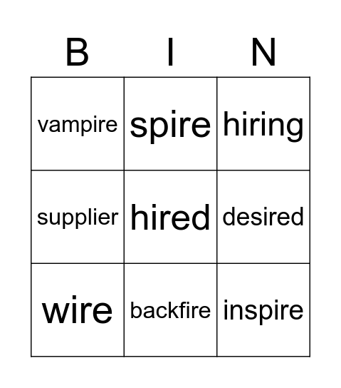 "ire" words Bingo Card