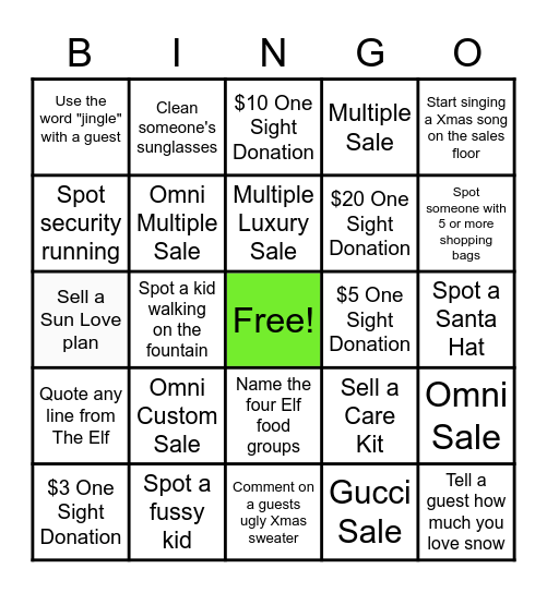 SUNGLASS HUT HOLIDAY BINGO Card