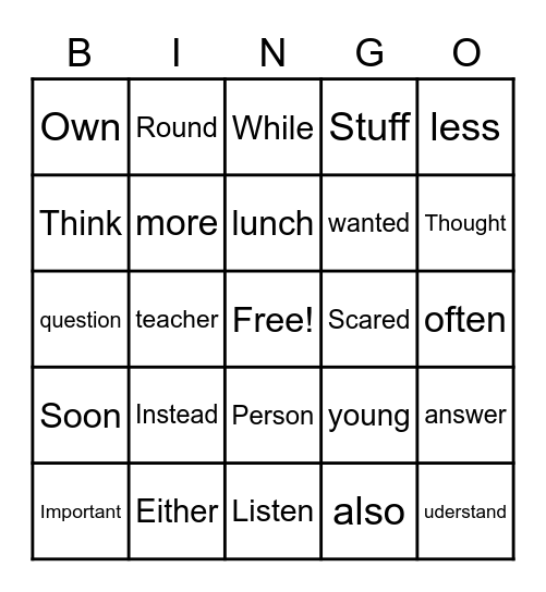 Sight Word BINGO! Bingo Card