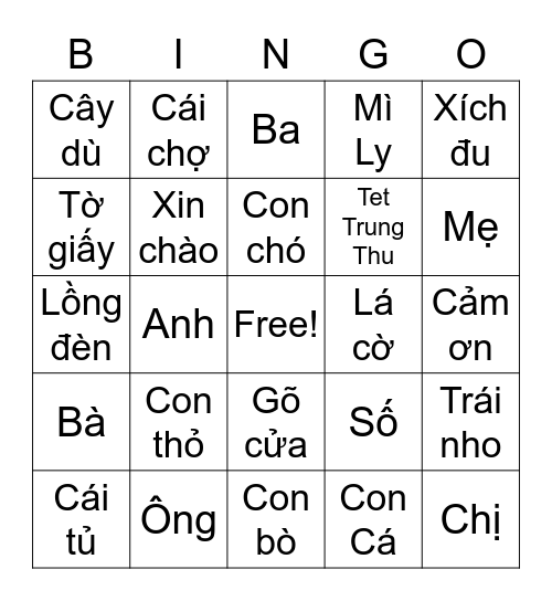 Vietnamese Bingo Card