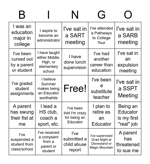 Education Bingo Card