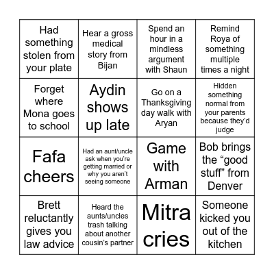 Cousin Thanksgiving BINGO Card