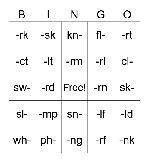 Blends and Digraphs Bingo Card