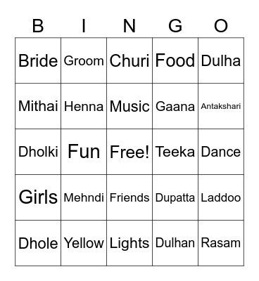 Dholki Bingo Card
