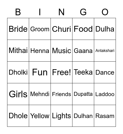 Dholki Bingo Card