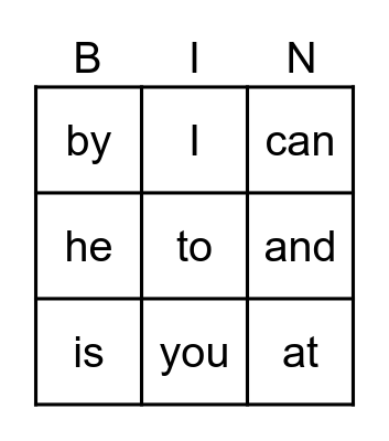 Sight Words Bingo Card