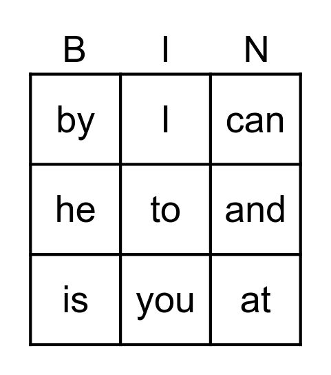 Sight Words Bingo Card