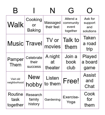 Activities with Parents Bingo Card