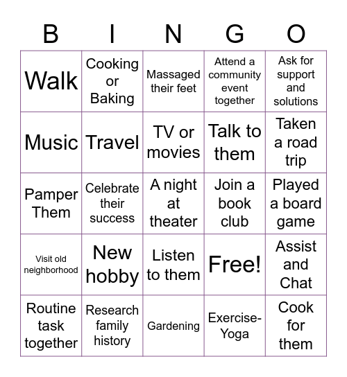 Activities with Parents Bingo Card