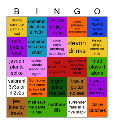 Sauce Boys Bingo Card