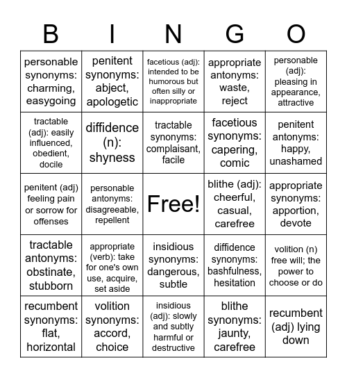 Vocal #10 Bingo Card