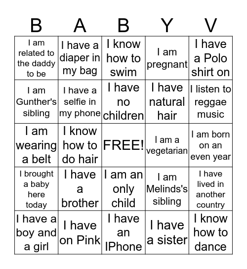 Melinda and Gunther's Baby Shower Person Hunt  Bingo Card
