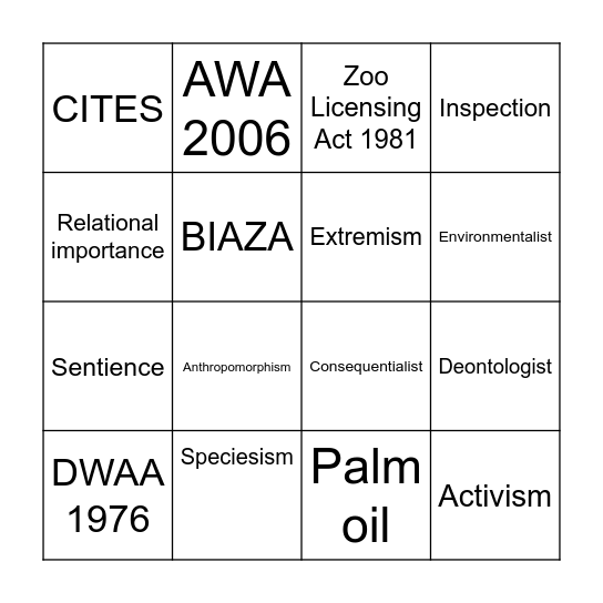 Animal Welfare and Ethics Bingo Card