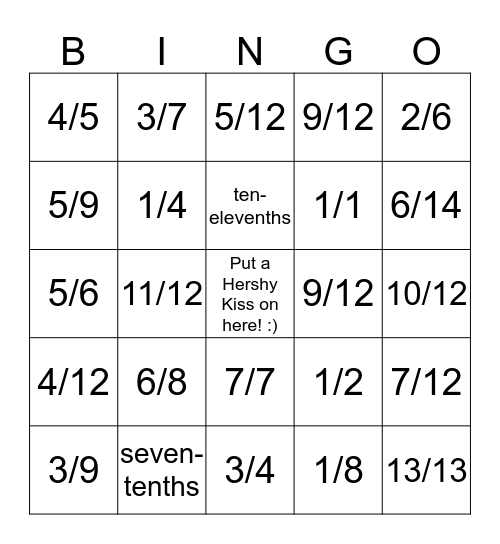 Hershy Kiss Fraction Bingo Card