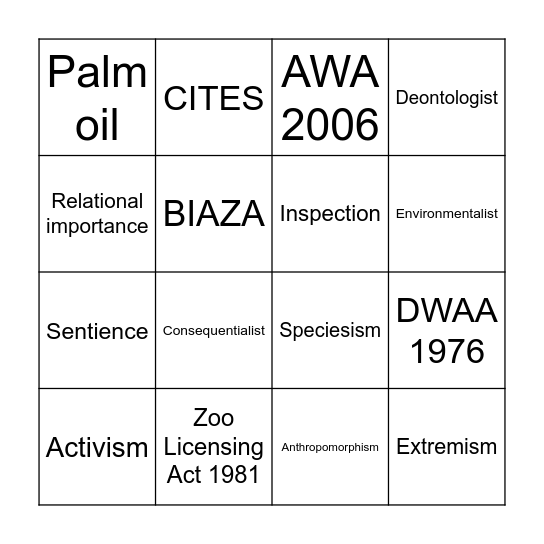 Animal Welfare and Ethics Bingo Card