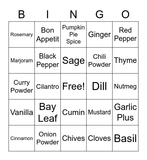 Herb and Spice Bingo Card