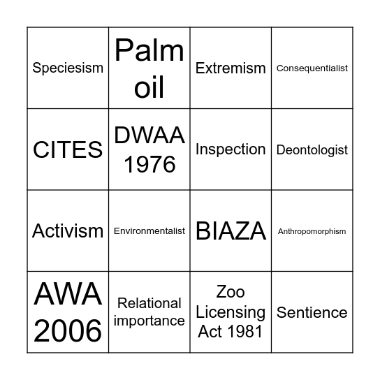Animal Welfare and Ethics Bingo Card