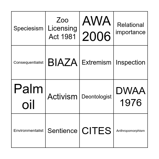 Animal Welfare and |Ethics Bingo Card