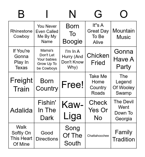 Southern Country Bingo Card