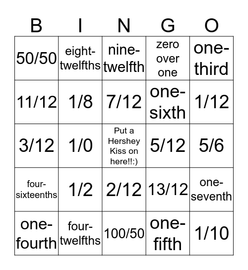 Hershy Kiss Fraction Bingo :) Bingo Card