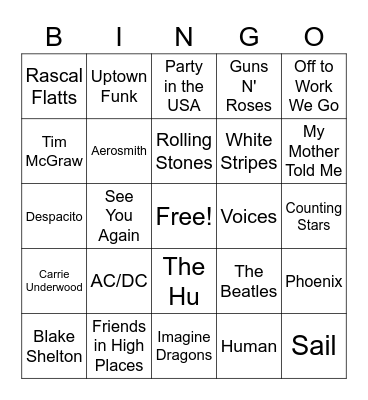 Dock Music Bingo Card