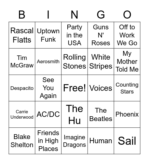Dock Music Bingo Card