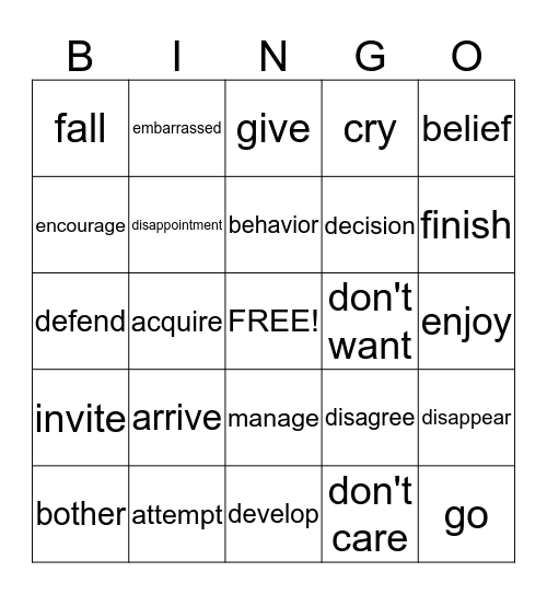 Vocabulary Bingo Card