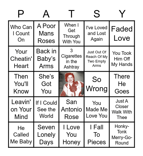 Patsy Cline Song Bingo Card