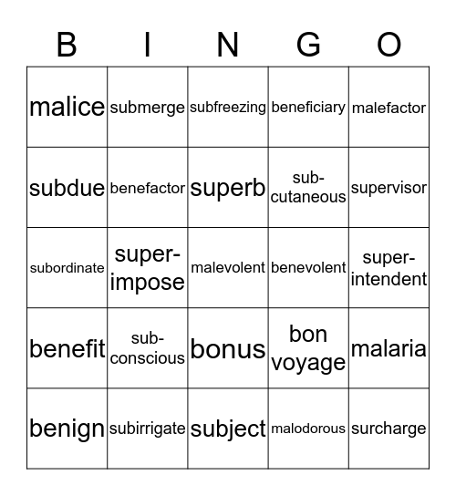 Prefixes sub, super-, sup-/Roots bene, ben, bon, mal, male Bingo Card