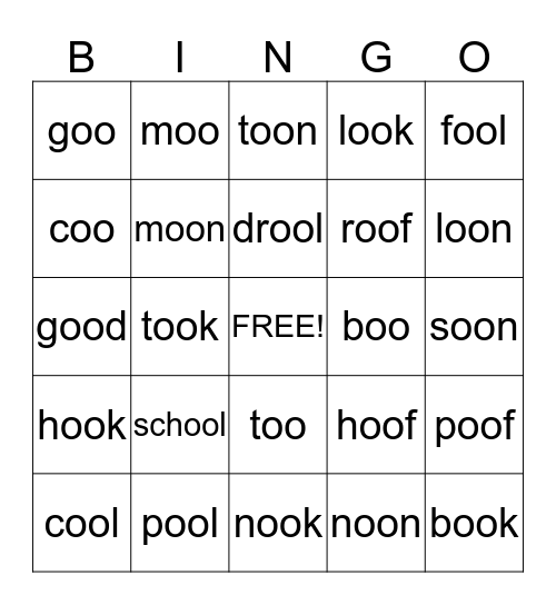 Double oo Words Bingo Card