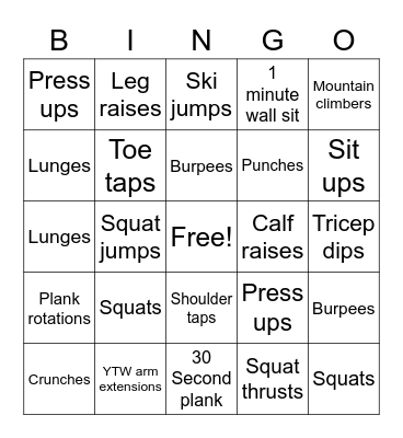 Fitness Bingo Card