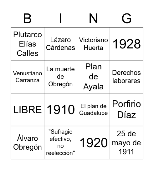 La revolución mexicana Bingo Card