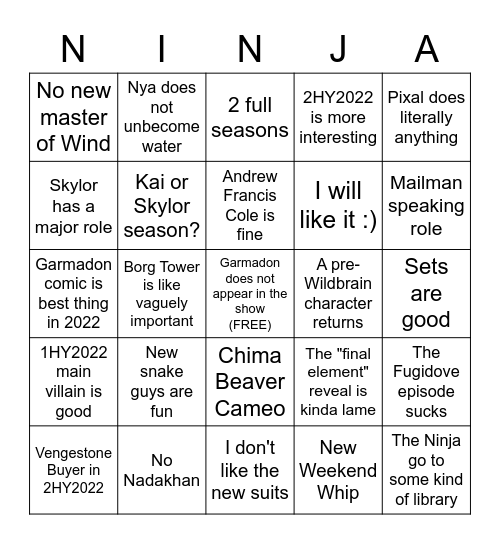 Ninjago 2022 Bingo Card